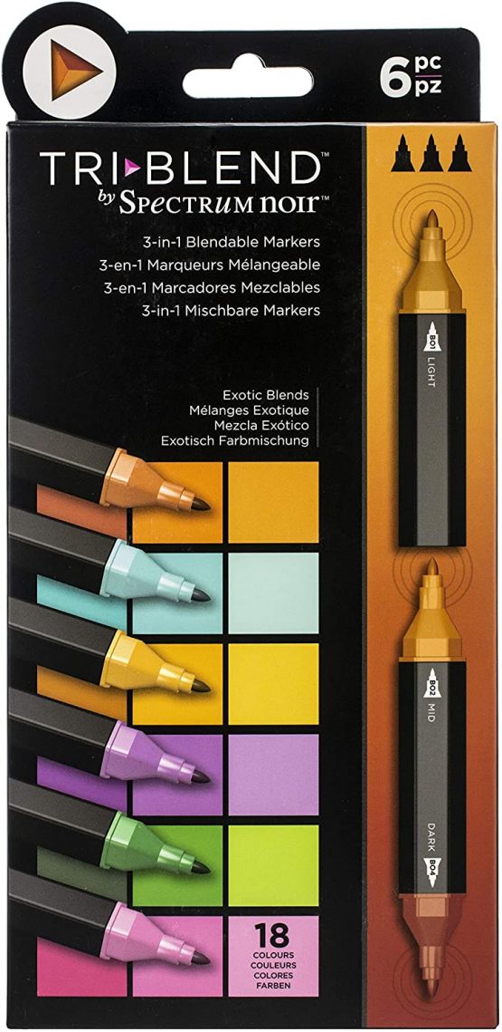 Crafter's Companion Spectrum Noir Triblend Alcohol Markers Unique 3-in-1 Blendable Effect-6 Coloured Pen Kit Shades, Exotic Blends, One Size