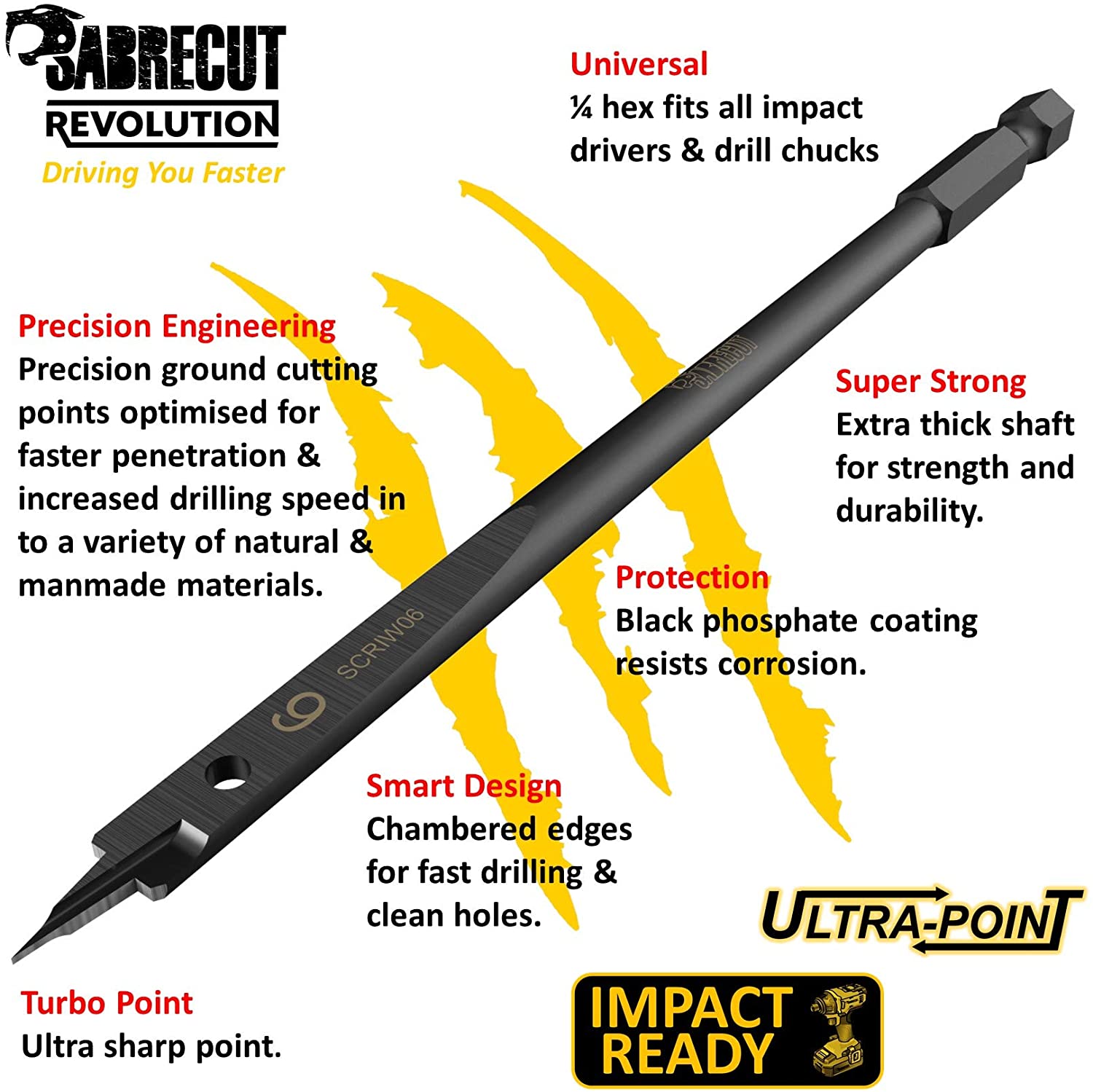 3 x SabreCut SCRIW06_3 6mm x 152mm Impact Rated Flat Wood Spade Bits for Softwood Hardwood Chipboard - Image 2