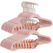 SONGMICS 24-Pack Velvet Coat Hangers, 42.5 cm Long Trousers Hangers with Rose Gold Coloured Movable Clips, Heavy-Duty, Non-Slip, Space-Saving, for Skirts, Dresses, Light Pink CRF14PK24
