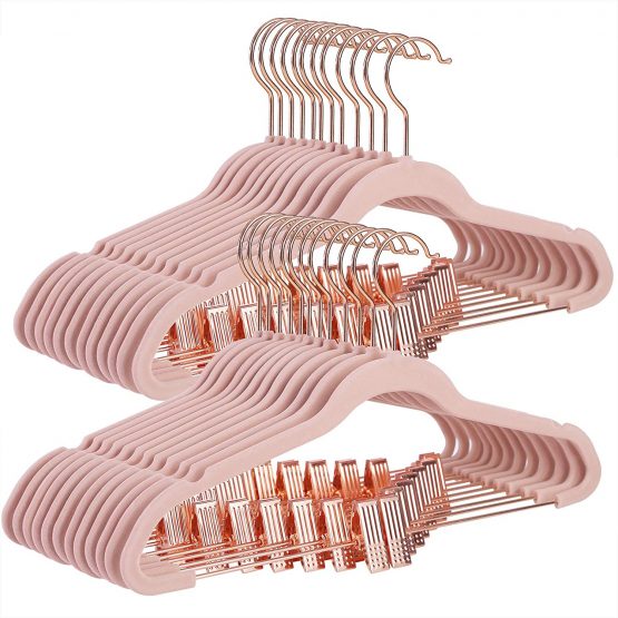 SONGMICS 24-Pack Velvet Coat Hangers, 42.5 cm Long Trousers Hangers with Rose Gold Coloured Movable Clips, Heavy-Duty, Non-Slip, Space-Saving, for Skirts, Dresses, Light Pink CRF14PK24