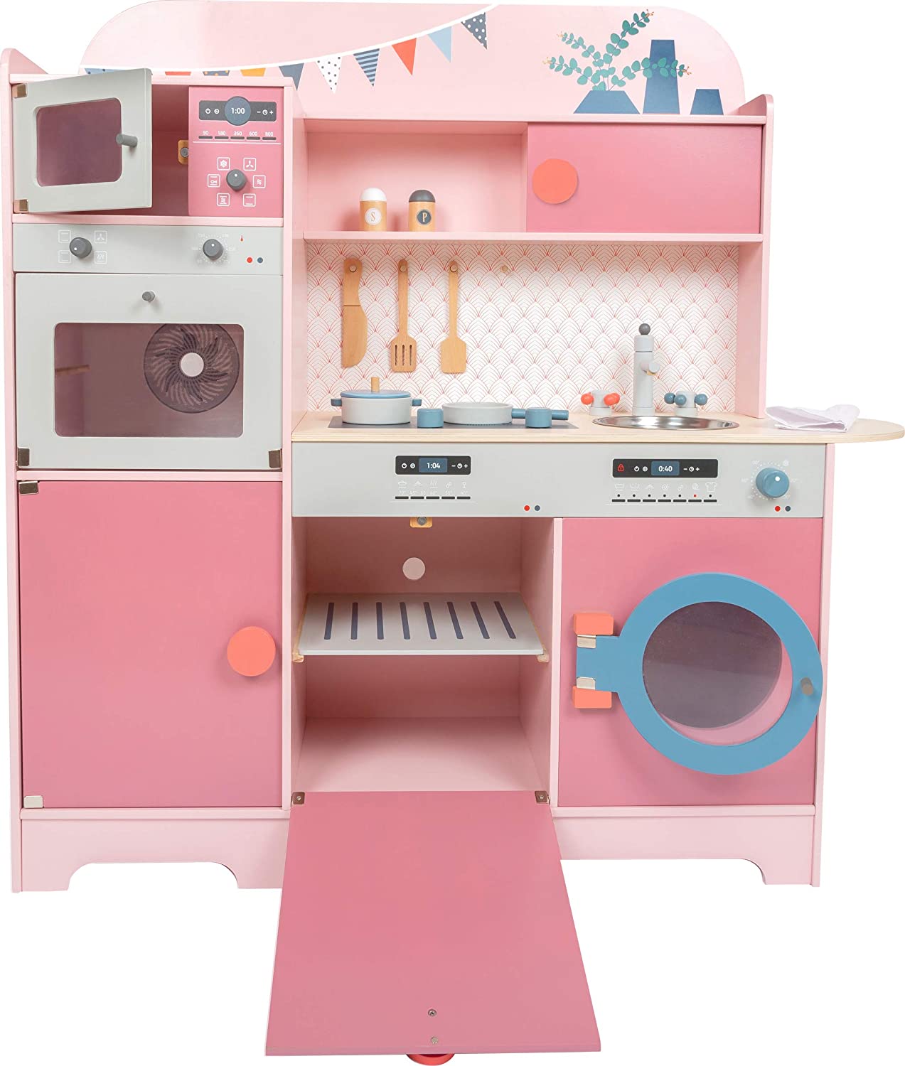 Small Foot 11465 Wooden Play Kitchen Girl's Dream, multifunctional kitchen in pink, w/many accessories, for ages 3+ - Image 3