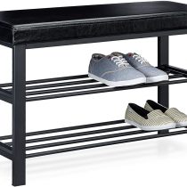 Relaxdays Bench, 49 x 81 x 32 cm Open Shoe Shelves, Padded Seat w/Faux Leather Cover, for 6-8 Pairs, Backless, Black, 32x80x45 cm