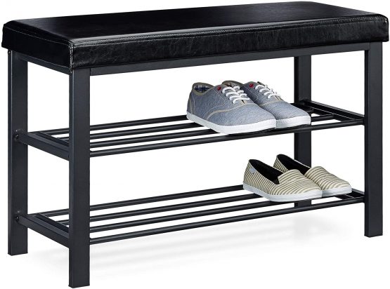 Relaxdays Bench, 49 x 81 x 32 cm Open Shoe Shelves, Padded Seat w/Faux Leather Cover, for 6-8 Pairs, Backless, Black, 32x80x45 cm