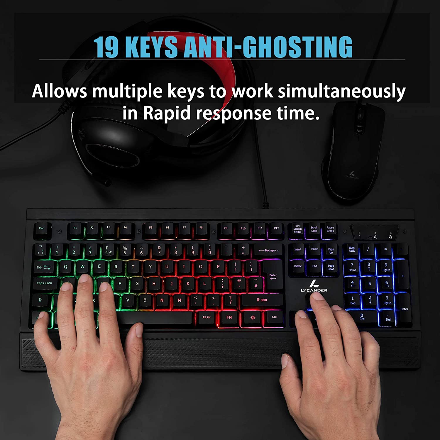 LYCANDER Gaming Keyboard Germany, Wired Keyboard - 19 anti-ghosting keys, 1.8m cable, rainbow backlight, black - Image 2