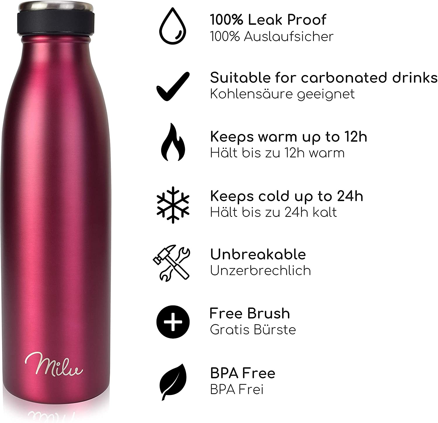 Milu Stainless Steel Drinking Bottle 500 ml, Insulated Thermo Flask for Water, Leak Proof, Insulated and Double Walled - Image 2