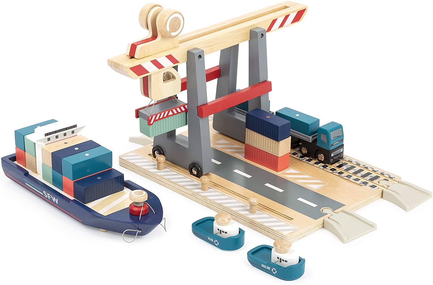 Small Foot 11378 Wooden Terminal, with Movable Container Bridge, and Accessories, for Ages 3+ Years Toys, Multicolored - Image 3