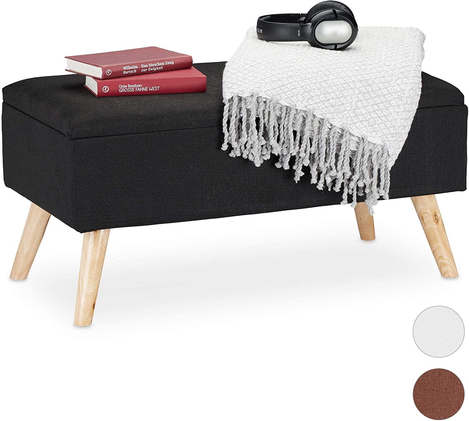 Relaxdays Hallway Storage Bench, Padded, Wooden Legs, Fabric Cover,HxWxD:39.5 x 79.5 x 39.5 cm,Black, 1 Item