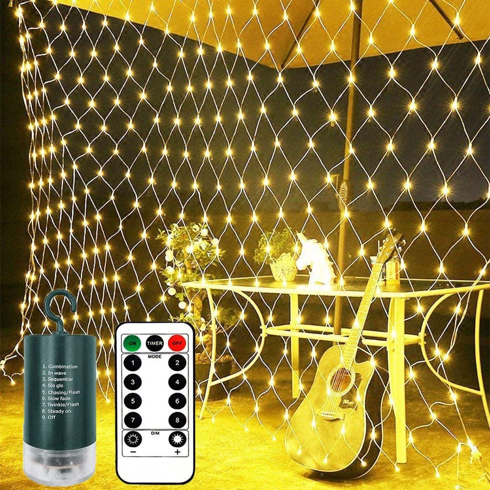 1.5m x 1.5m Garden Net Lights Outdoor Warm White, Waterproof Battery Operated with Remote, 8 Modes, Timer, Dimmable