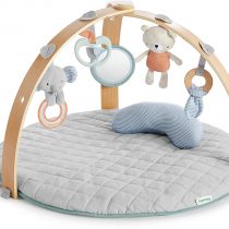 Ingenuity, Cosy Spot Reversible Duvet Activity Gym and Padded Play Mat with Wooden Removable Toy Bar, 6 Detachable Toys, Foldable for Easy Transport, Neutral Design - Loamy, Ages Newborn +