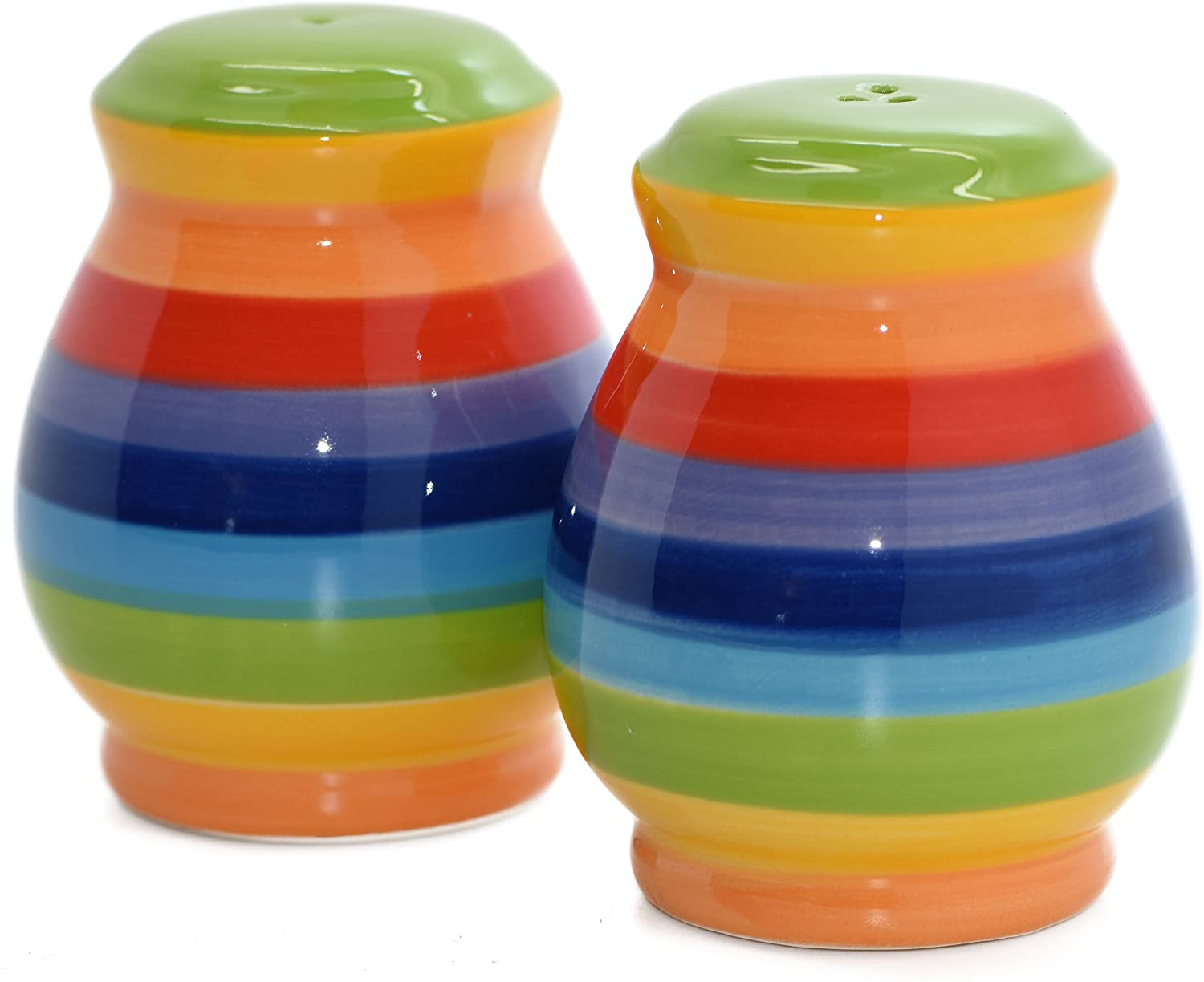 Windhorse Hand Painted Rainbow Striped Ceramic Salt and Pepper Cruet Shaker Set, Multicolour