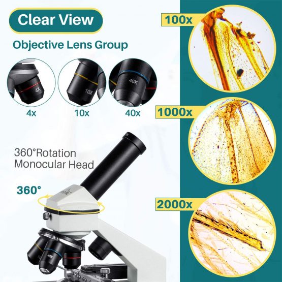 Microscope 2000X Moving Ruler Compound LED with Prepared Blank Slides Phone Holder Microscope Accessories Kids Student Gift Christmas - Image 3