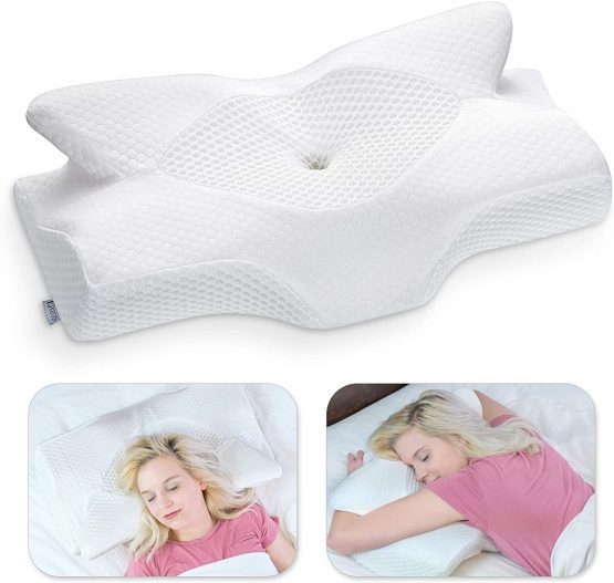 Elviros Cervical Contour Memory Foam Pillow for Neck Pain Orthopedic Neck Pillow for Shoulder Pain Ergonomic Head Neck Support Pillow for Side/Back/Stomach Sleepers with Removable Cover (White)