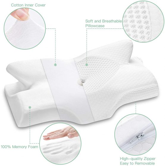 Elviros Cervical Contour Memory Foam Pillow for Neck Pain Orthopedic Neck Pillow for Shoulder Pain Ergonomic Head Neck Support Pillow for Side/Back/Stomach Sleepers with Removable Cover (White) - Image 2