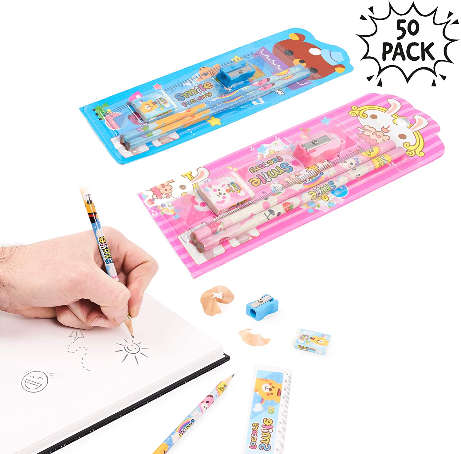 THE TWIDDLERS, 40 Kids Stationery Sets, 20 Pink & 20 Blue, Contains Two Pencils, Ruler, Sharpener & Eraser