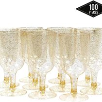 Matana - 100 Premium Plastic Gold Glitter Wine Glasses - 170ml
