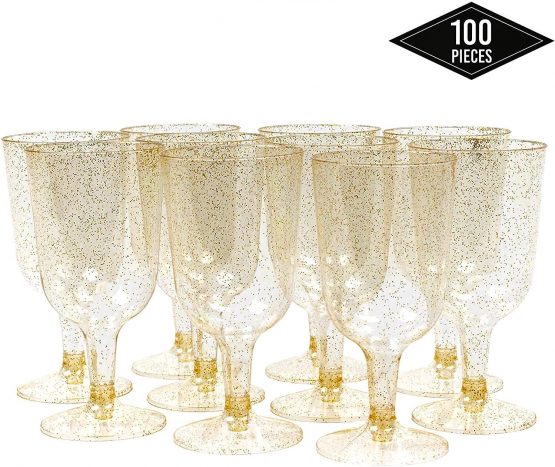 Matana - 100 Premium Plastic Gold Glitter Wine Glasses - 170ml
