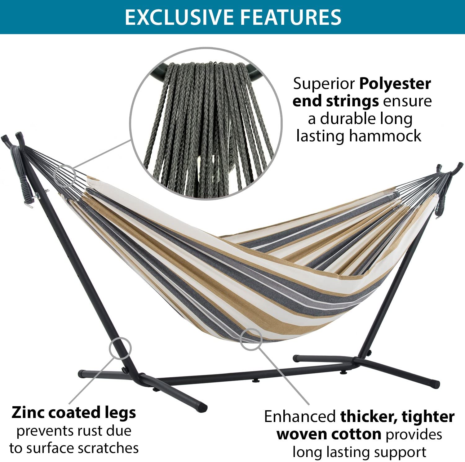 Vivere UHSDO8-25 Double Cotton Hammock with Space-Saving Steel Stand Including Carrying Bag, Desert Moon - Image 4