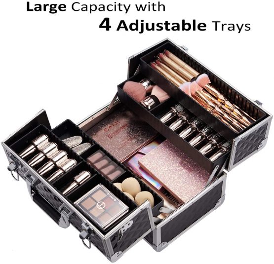 Joligrace Large Makeup Box Nail Polish Storage Vanity Case Nail Box 4 Trays Luggage Cosmetic Cases with Shoulder Strap Clasp Locks with Keys (Black) - Image 2