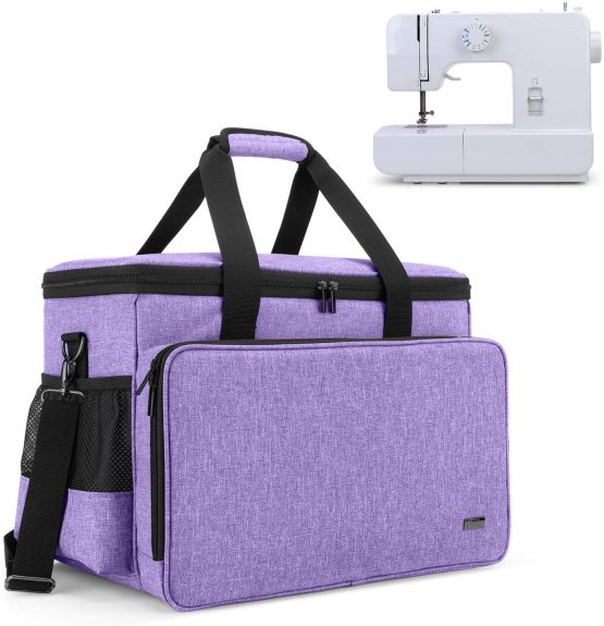 Yarwo Sewing Machine Carrying Case with Bottom Wooden Board, Universal Sewing Machine Bag Compatible with Most Major Sewing Machine and Accessories, Purple