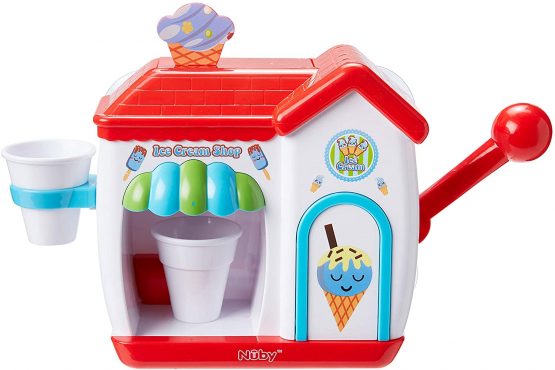 Nuby Ice Cream Shop Bubble Machine, Bath Toy for Toddlers from 3 Year Olds and Older. Foam Cone Ice Cream Maker Bath Wall Toy, Red