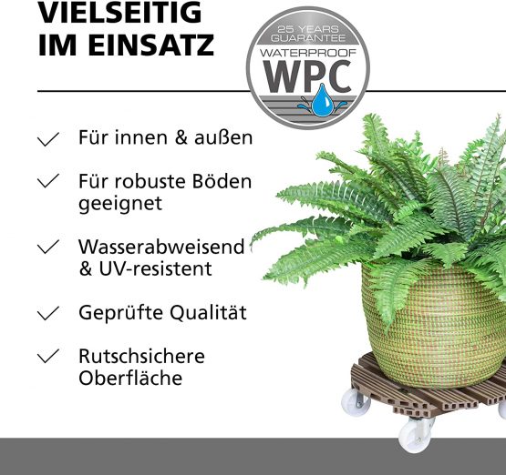 WAGNER Plant trolley WPC Ø 38,5 x 11 cm I Flower trolley for indoor + outdoor use I Container trolley made of FSC® wood plastic composite, taupe I Load capacity 150 kg - 20055601 - Image 3