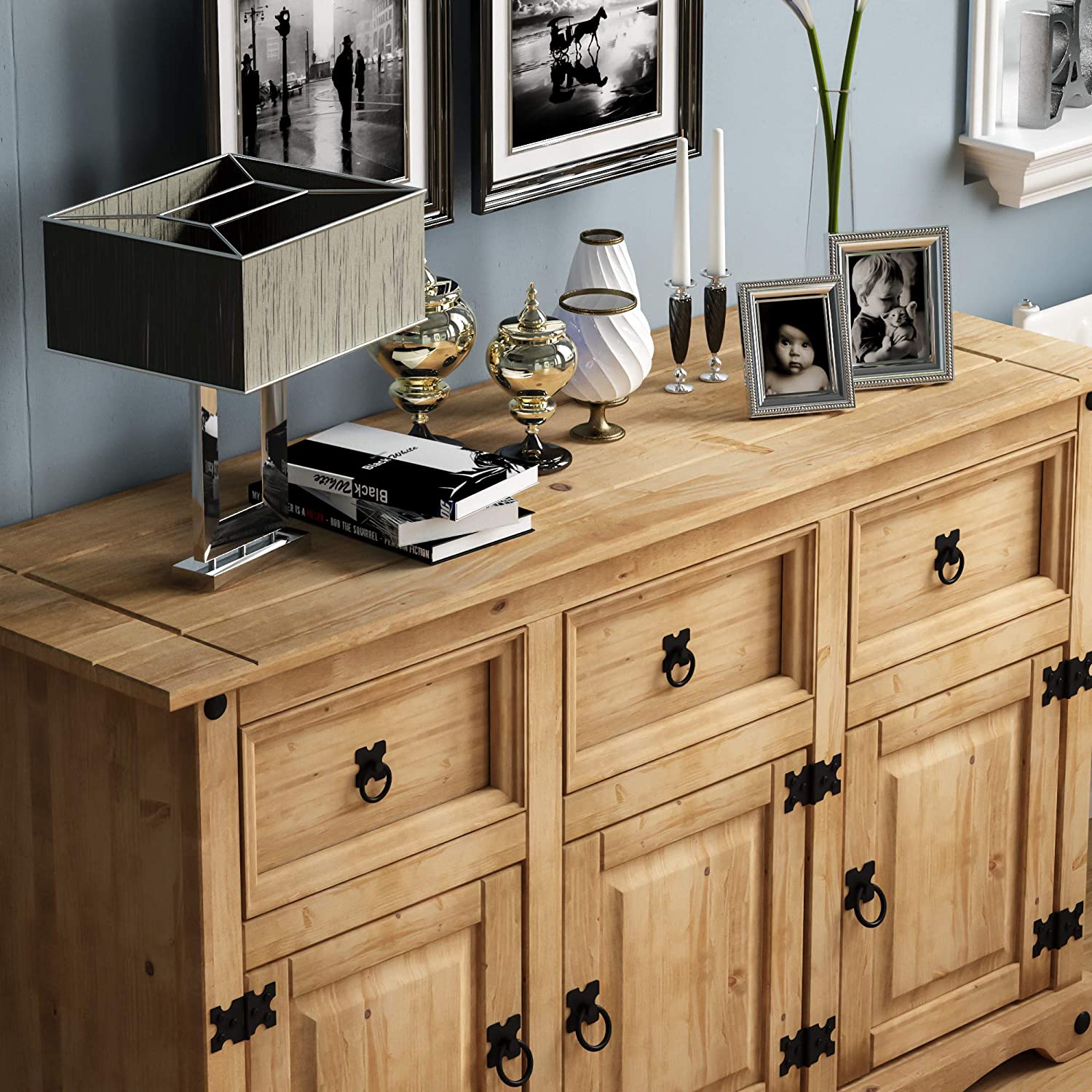 Vida Designs Sideboard, 3 Door 3 Drawer, Waxed Solid Pine Wood, Traditional, Rustic, 76 x 125 x 40 cm - Image 4