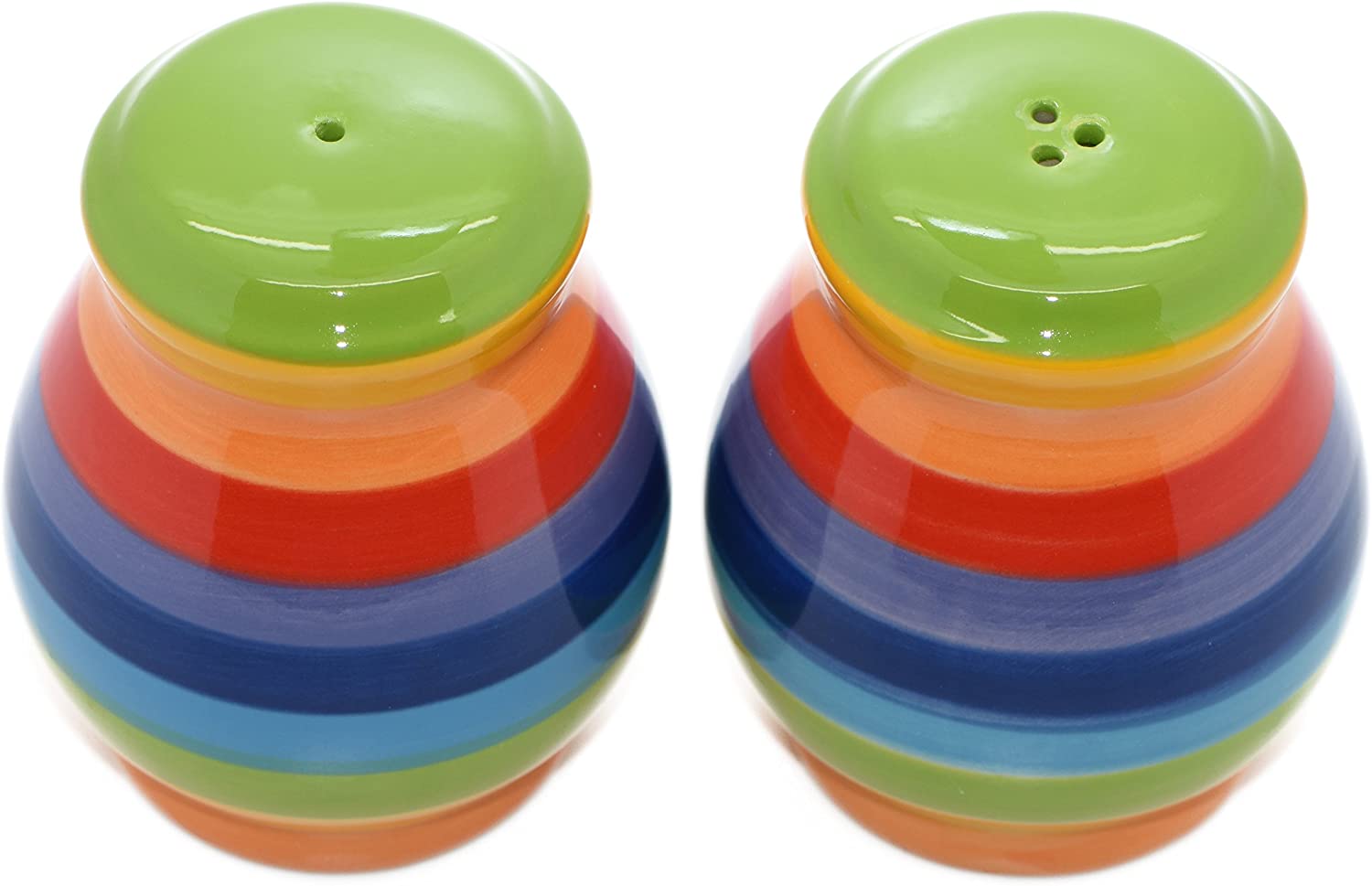 Windhorse Hand Painted Rainbow Striped Ceramic Salt and Pepper Cruet Shaker Set, Multicolour - Image 3