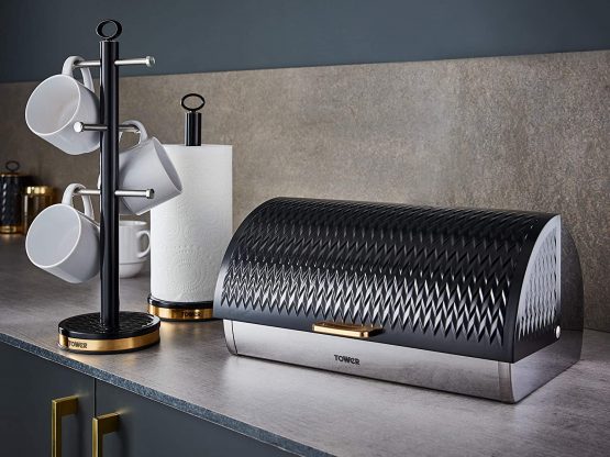 Tower T826090BLK Empire Roll Top Bread Bin, Stainless Steel, Black and Brass - Image 3