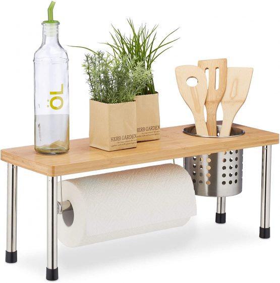 Relaxdays Kitchen Counter Organizer, Roll Holder & Utensil Storage, Spice Rack, Sink Shelf, Bamboo, Natural/Silver