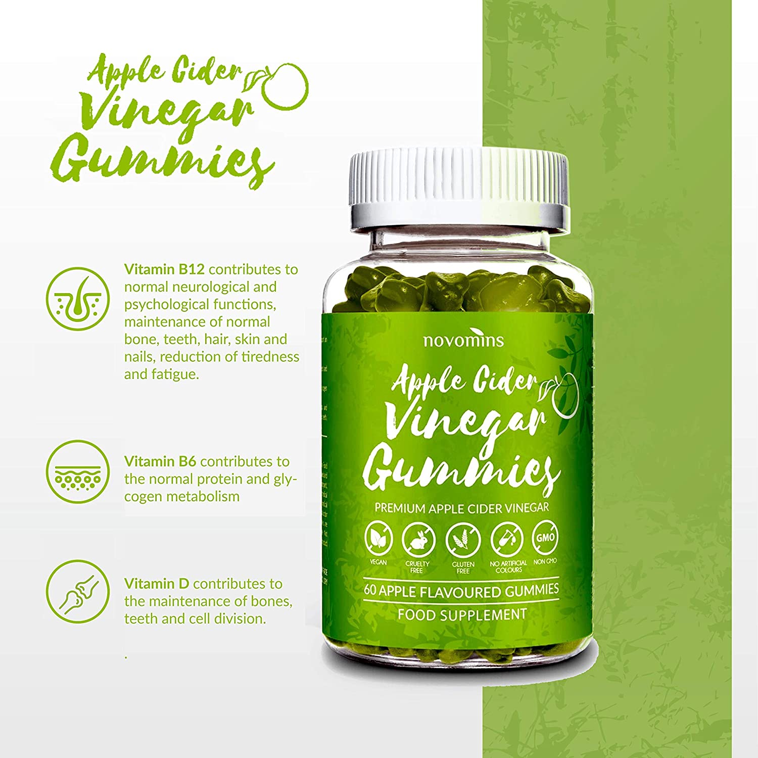 Apple Cider Vinegar with Mother, 1000mg ACV Gummies, Enriched with Vitamin B12, B6, D2-60 Vegan Gummies - Image 4