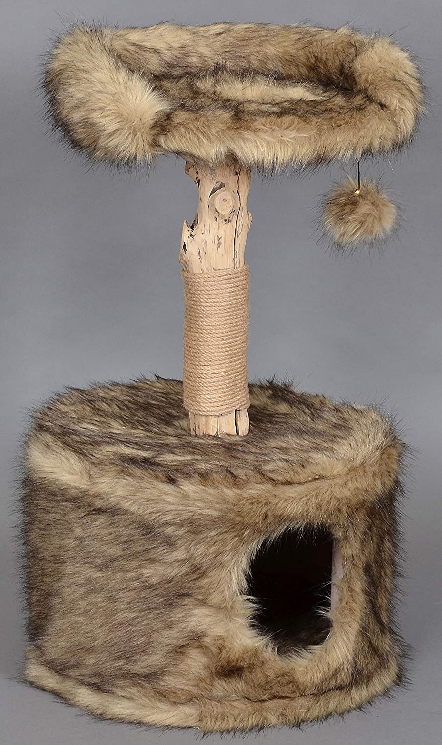 dobar® Ruby 35288FSCe Design Cat Scratching Post Natural Wood Cat Furniture with Play Ball Cat Cave with Plush and Lying Surface Claw Care with Jute Diameter 45 x 78-88 cm Brown - Image 3