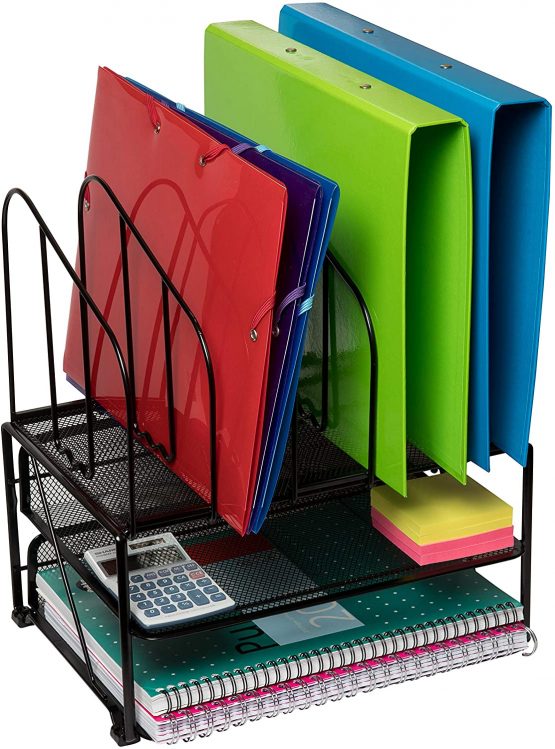 Amtido Letter Tray Desk Organiser 2 Tier with 5 File Folder Holder Slots – Suitable for Home or Office Paper Document and Stationery Organisation - Metal Mesh - Black - Image 2