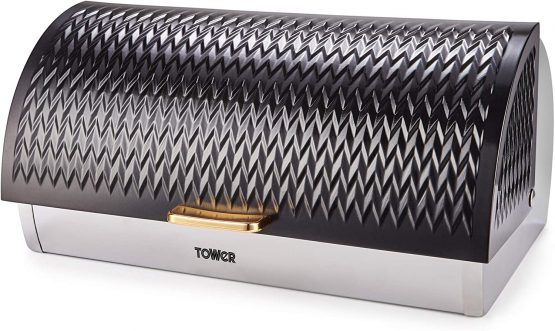 Tower T826090BLK Empire Roll Top Bread Bin, Stainless Steel, Black and Brass