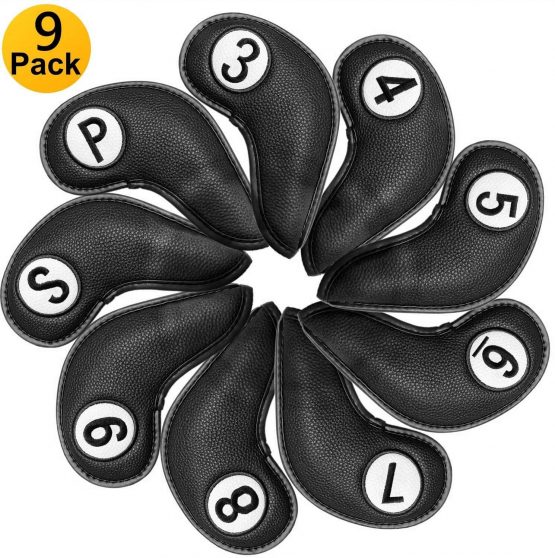 Golf Club Head Covers for Irons Magnetic Closure Long Cover Value 9pcs/Set, Double Number Printed Headcovers Deluxe Synthetic Leather Professional Durable Thick Color Black Blue Red Fit All Brand Clubs