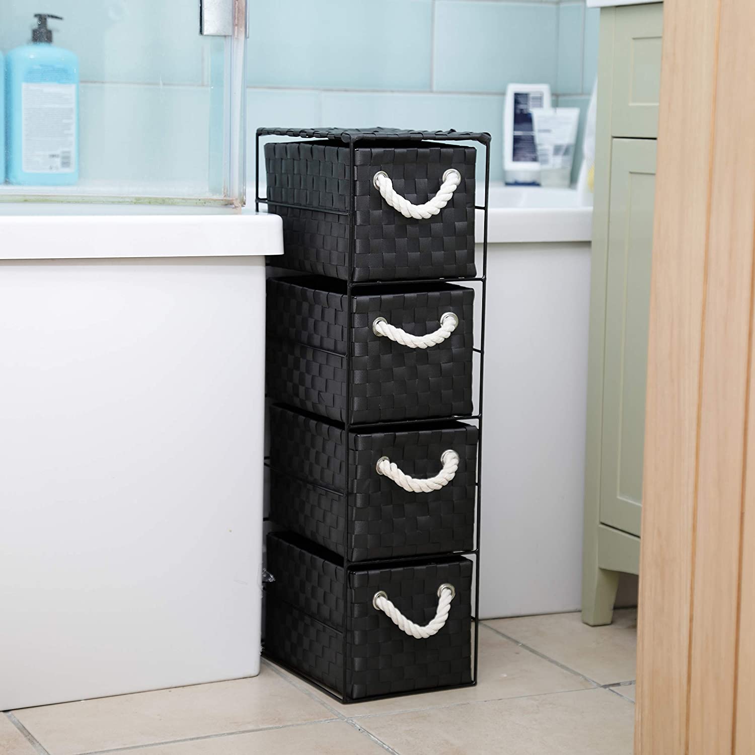 ARPAN Black 4-Drawer Storage Unit, Basket Drawer Unit for Bathroom Bedroom or Office Storage (18 x 25 x 65 cm) - Image 2