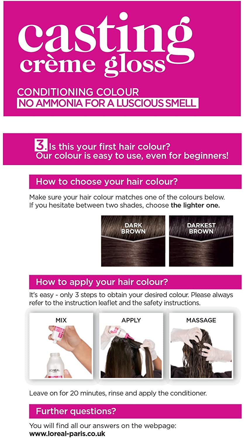 L'Oréal Paris Casting Crème Gloss Semi-Permanent Hair Dye, Ammonia-Free Formula & Honey-Infused Conditioner, Glossy Finish, Colour for Up to 28 Shampoos, Pack of 3, Colour: 300 Darkest Brown - Image 2