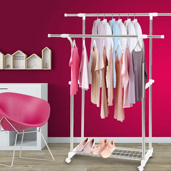 Clothes Rail Heavy Duty Stainless Steel Double Rails Garment Rail Storage Clothes Rails For Bedroom Extendable Telescopic Coat Hanging Rack Shoe Storage Shelf