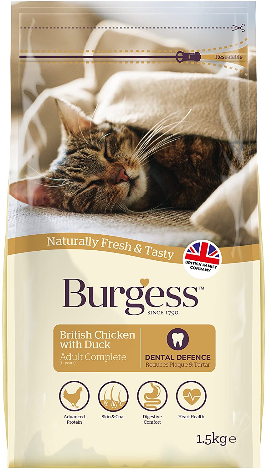 Burgess Adult Cat Food British Chicken and Duck - 1.5 kg, Brown