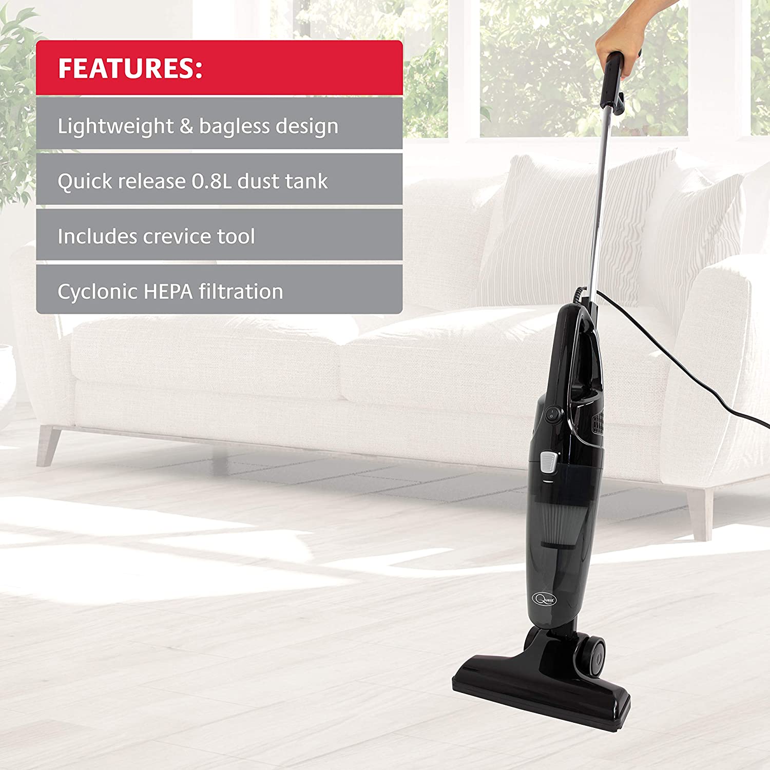 Quest 44839 2-in-1 Bagless Vacuum Cleaner/Use Upright or Handheld/Lightweight Compact Design/HEPA Filter/Attachments Included / 600W Power/Black Colour - Image 2