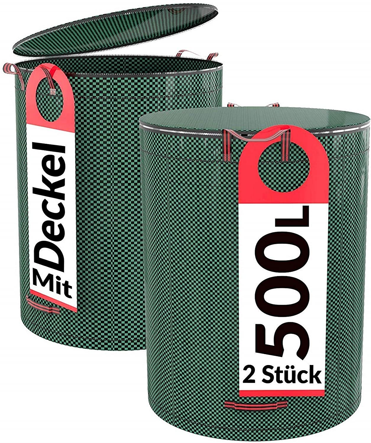 Praknu 2 x Garden Waste Bags with handles & Lid 500L, Reusable Heavy Duty Garden Sacks