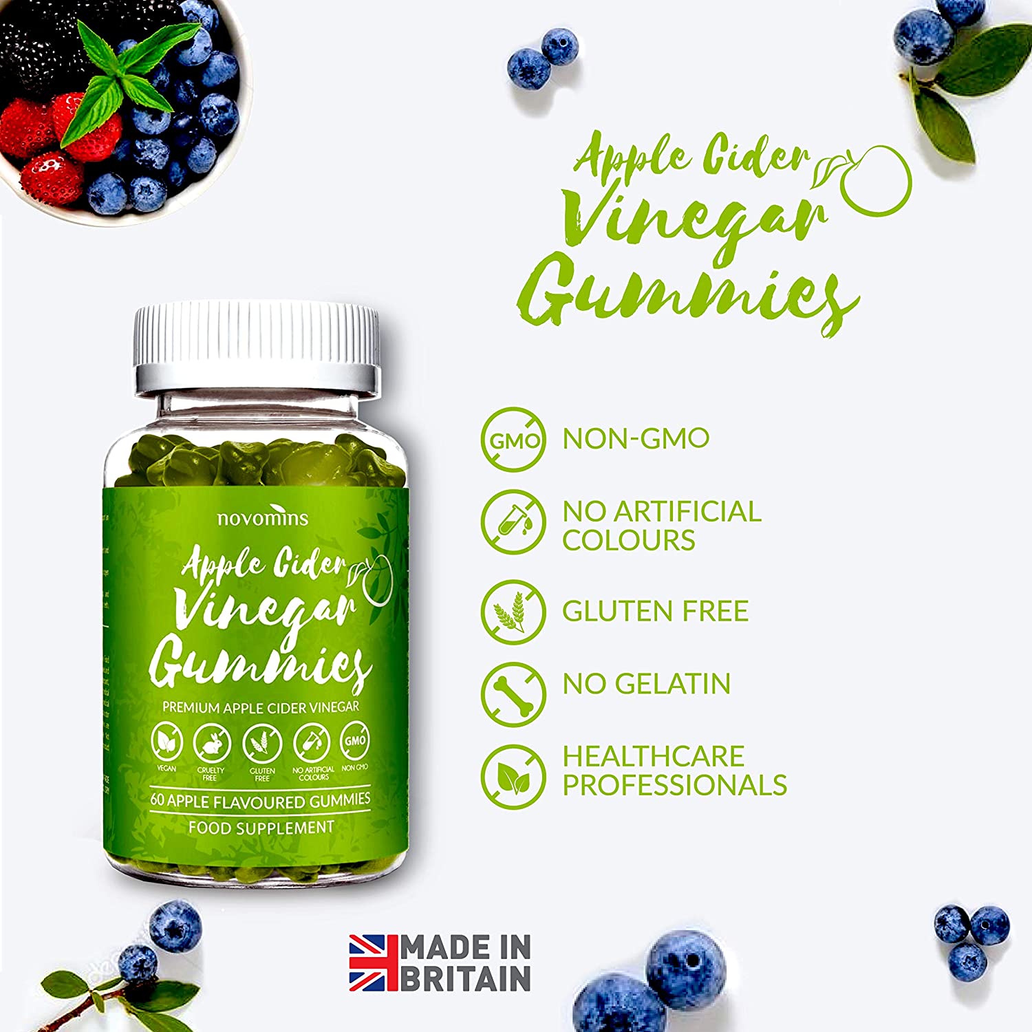 Apple Cider Vinegar with Mother, 1000mg ACV Gummies, Enriched with Vitamin B12, B6, D2-60 Vegan Gummies - Image 3