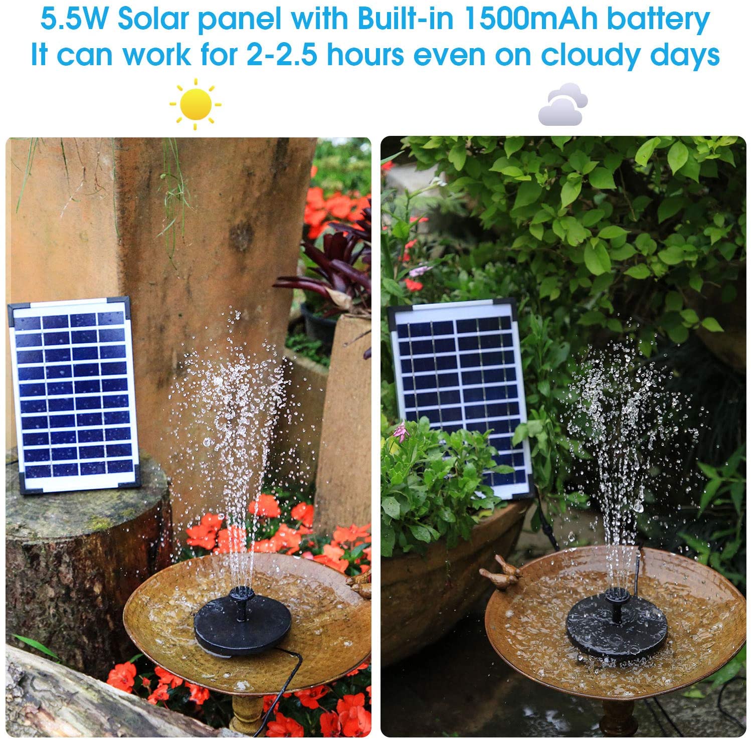 AISITIN 5.5W Solar Fountain Pump Backup Solar Floating Water Fountain Pump,10 Forms of Water Spray for Bird Bath Fish Tank, Pond Garden - Image 4