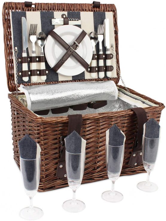 HappyPicnic Willow Picnic Basket Set for 4 Persons, Wicker Picnic