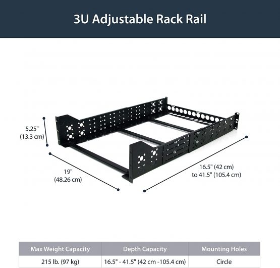StarTech 3U Universal Server Rack Rails - TAA Compliant Fixed Mounting Rails - 19" Adjustable Depth Rack Mount Rails (UNIRAILS3U), Black - Image 2
