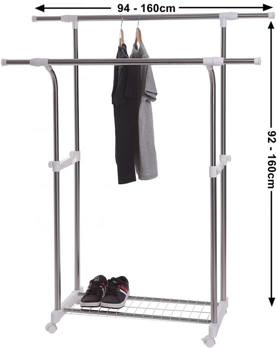 Clothes Rail Heavy Duty Stainless Steel Double Rails Garment Rail Storage Clothes Rails For Bedroom Extendable Telescopic Coat Hanging Rack Shoe Storage Shelf - Image 3