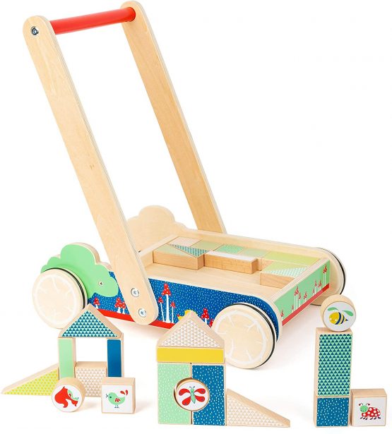 Small Foot 11435 11435Building Walker Move it, Made of Wood, with 27 Building Blocks with Prints, for Baby's First Steps Toys, Multicolored