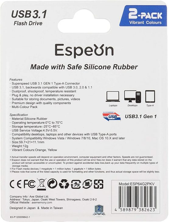 Espeon 2-Pack 64GB USB 3.1 Flash Drive, Vibrant colours - Orange, Yellow - Image 2