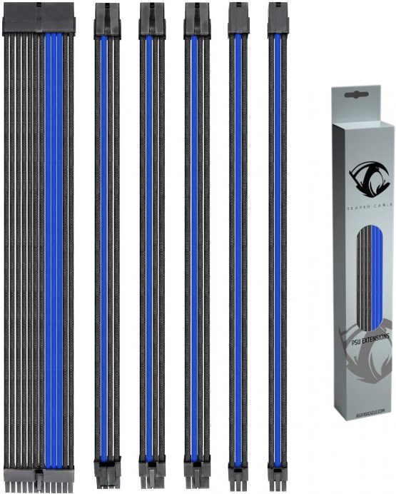 Reaper Cable Sleeved PSU Extension Set - Power Supply Extensions - 1x 24 Pin/ 2x 8 Pin/ 2x 6 Pin/ 1x 4+4 Pin - With Combs - 30cm (Carbon & Electric Blue)