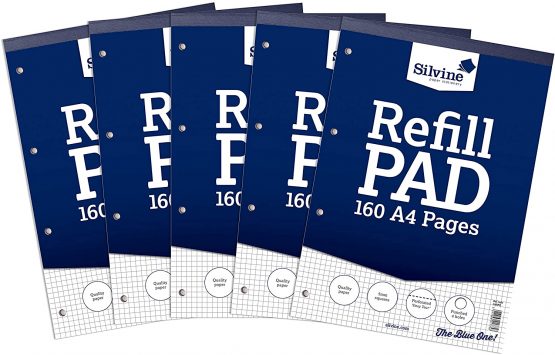 Silvine 160 Page A4 Refill Pad, Head Bound and Punched 4 Holes. Ruled 5mm Squares [Pack of 5]