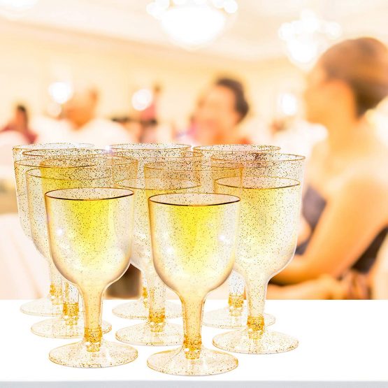 Matana - 100 Premium Plastic Gold Glitter Wine Glasses - 170ml - Image 2